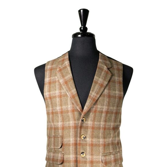 Mens 42R Wool Vest Beige Orange Plaid Waistcoat Formal Wedding Preppy Casual - Picture 4 of 10